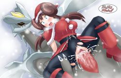 Rule 34 | 1girl, 1other, artist name, boots, brown hair, censored, christmas, clothed sex, creatures (company), cum, cum in pussy, ejaculation, game freak, gen 5 pokemon, green eyes, hat, highres, interspecies, kyurem, legendary pokemon, nintendo, official alternate costume, open mouth, penis, pokemon, pokemon (creature), pokemon masters ex, pokephilia, red rad rebel, rosa (holiday 2019) (pokemon), rosa (pokemon), santa costume, santa hat, sex, stomach bulge, torn clothes, torn legwear, vaginal