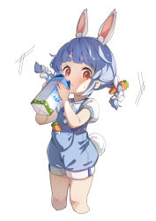 Rule 34 | 1girl, aged down, animal ear fluff, animal ears, blue hair, blush, bow, braid, brat (brabrabrat00), brown eyes, carrot hair ornament, collared shirt, commentary request, cropped legs, dress shirt, food-themed hair ornament, hair bow, hair ornament, hands up, highres, holding, hololive, looking at viewer, milk carton, multicolored hair, open mouth, overall shorts, overalls, puffy short sleeves, puffy sleeves, rabbit ears, rabbit girl, rabbit tail, revision, shirt, short eyebrows, short sleeves, simple background, solo, sweat, tail, thick eyebrows, twin braids, twintails, two-tone hair, usada pekora, virtual youtuber, white background, white bow, white hair, white shirt