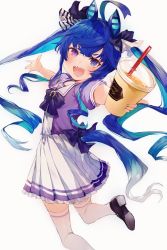 Rule 34 | 1girl, :d, ahoge, animal ears, black bow, black footwear, blue eyes, blush, bow, commentary request, cup, disposable cup, drinking straw, ear covers, hair ribbon, heterochromia, highres, holding, holding cup, horse ears, horse girl, horse tail, long hair, looking at viewer, open mouth, pleated skirt, purple eyes, purple shirt, ribbon, school uniform, sharp teeth, shirt, shoes, sirentab, skirt, smile, solo, standing, standing on one leg, tail, teeth, thighhighs, tracen school uniform, twin turbo (umamusume), twintails, umamusume, very long hair, white background, white skirt, white thighhighs