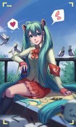 Rule 34 | 1girl, aqua hair, armband, artist name, blue eyes, blue nails, blush, breasts, can, closed mouth, dated, digital media player, eyebrows, feizao jun, hatsune miku, heart, highres, holding, holding can, ipod, long hair, looking at viewer, medium breasts, musical note, nail polish, red skirt, sitting, skirt, sleeves past wrists, smile, solo, speech bubble, spoken heart, spoken musical note, tongue, tongue out, twintails, very long hair, vocaloid