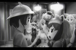 Rule 34 | 10s, 12 angry men, 6+girls, animal ears, black hair, bow, bowtie, bucket hat, chromatic aberration, common raccoon (kemono friends), elbow gloves, fennec (kemono friends), food, fox ears, fur collar, gloves, grey hair, greyscale, hat, hat feather, high-waist skirt, japari bun, japari symbol, kaban (kemono friends), kemono friends, letterboxed, long hair, long sleeves, looking at another, monochrome, moose (kemono friends), multicolored hair, multiple girls, necktie, raccoon ears, serval (kemono friends), serval print, shirt, shoebill (kemono friends), short hair, short sleeves, silver fox (kemono friends), sitting, skirt, tsuchinoko (kemono friends), two-tone hair, ueyama michirou