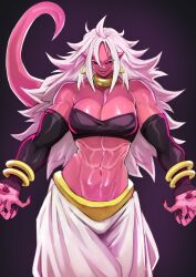 Rule 34 | 1girl, absurdres, ahoge, android 21, black sclera, bracelet, breasts, cleavage, colored sclera, detached sleeves, dragon ball, dragon ball fighterz, drakkaiart, earrings, female focus, fingernails, harem pants, highres, jewelry, large breasts, long hair, looking at viewer, majin android 21, muscular, muscular female, navel, pants, parted lips, pointy ears, red eyes, sharp fingernails, simple background, solo, strapless, tail, tube top, white hair