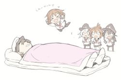 Rule 34 | &gt; &lt;, 10s, 1boy, 4girls, admiral (kancolle), akatsuki (kancolle), animated, animated gif, blade (galaxist), blush, brown hair, chibi, closed eyes, fang, folded ponytail, full-face blush, futon, hair ornament, hairclip, hat, hibiki (kancolle), ikazuchi (kancolle), inazuma (kancolle), incoming attack, jumping, kantai collection, long hair, multiple girls, o o, open mouth, pantyhose, unworn pantyhose, ruined for marriage, school uniform, serafuku, silver hair, simple background, skirt, sleeping, smile, trembling, white background