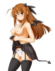 Rule 34 | 1girl, ahoge, bat wings, black thighhighs, blush, bow, bow panties, breasts, brown eyes, brown hair, clothes lift, cowboy shot, demon girl, demon tail, female focus, from side, frown, garter belt, garter straps, hair ribbon, half updo, hasegawa chisame, horns, kasuga yukihito, lace, large breasts, looking at viewer, mahou sensei negima!, mini wings, necktie, nipples, panties, pleated skirt, revision, ribbon, sidelocks, simple background, skindentation, skirt, skirt lift, solo, standing, tail, tears, thighhighs, topless, underwear, unfinished, upskirt, white background, white panties, wings