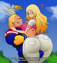 Rule 34 | 1boy, 1girl, ?, all might, artist name, ass, blonde hair, blue eyes, boku no hero academia, breasts, bulge, carrying, english text, erection, glasses, highres, huge ass, jay-marvel, large breasts, long hair, melissa shield, pants, sky, smile, thick thighs, thighs, wide hips