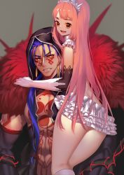 Rule 34 | 1boy, 1girl, :d, absurdres, bare pectorals, black gloves, blue hair, boots, brown eyes, butt crack, chest tattoo, clenched teeth, cu chulainn (fate), cu chulainn (fate) (all), cu chulainn (fate/stay night), cu chulainn alter (fate), cu chulainn alter (fate/grand order), cu chulainn alter (third ascension) (fate), earrings, elbow gloves, facepaint, facial mark, fate/grand order, fate (series), frills, gloves, grey background, hair over shoulder, hand on another&#039;s shoulder, highres, hood, jewelry, knee boots, lancer, long hair, looking at viewer, medb (fate), miniskirt, open mouth, pectorals, pink hair, rahato, red eyes, sharp teeth, simple background, skirt, smile, tattoo, teeth, tiara, upper body, white footwear, white gloves, white skirt