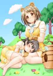 Rule 34 | 2girls, :o, akagi miria, animal, animal ears, barefoot, bear ears, bear girl, bear hair ornament, bear tail, bee, beehive, black hair, blue bow, blue sky, blush, bow, breasts, brown eyes, brown hair, brown mittens, bug, closed eyes, closed mouth, cloud, commentary request, day, flower, fur-trimmed mittens, fur-trimmed shorts, fur trim, hair flower, hair ornament, hairclip, hand on another&#039;s head, highres, idolmaster, idolmaster cinderella girls, insect, kemonomimi mode, lap pillow, lying, medium breasts, mimura kanako, mittens, multiple girls, on grass, on side, outdoors, parted bangs, parted lips, puffy short sleeves, puffy sleeves, purple flower, regular mow, shirt, short shorts, short sleeves, shorts, signature, sky, sleeping, smile, soles, tail, tree, twitter username, vest, white flower, white shirt, yellow flower, yellow shorts, yellow vest