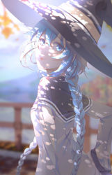 Rule 34 | 1girl, artist name, back, bird, blue eyes, blue hair, braid, cape, closed mouth, crossed bangs, dappled sunlight, day, dress, eyelashes, from behind, hair between eyes, hat, highres, light rays, long braid, long hair, looking at viewer, looking back, mushoku tensei, outdoors, roxy migurdia, smile, solo, sunlight, twin braids, wangza, witch hat