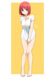 Rule 34 | 1girl, absurdres, alternate costume, blue eyes, blush, bottomless, closed mouth, clothes pull, fav faris, hair between eyes, highres, hisui (tsukihime), red hair, shirt, shirt pull, solo, thighs, tsukihime, white shirt