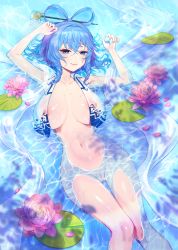 Rule 34 | 1girl, absurdres, afloat, blue hair, breasts, commentary, flower, hagoromo, hair ornament, highres, kaku seiga, lee jin byeol, lily pad, lotus, naked vest, partially submerged, petals, petals on liquid, pink flower, puffy sleeves, ripples, shallow water, shawl, touhou, vest, water, wet