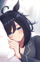 Rule 34 | 1girl, absurdres, ahoge, animal ears, black pajamas, black shirt, blouse, blue eyes, blurry, blurry background, blush, breasts, cleavage, closed mouth, curtains, eishin flash (umamusume), highres, horse ears, indoors, long sleeves, looking at viewer, medium breasts, medium hair, pajamas, particle sfs, pillow, shirt, smile, solo, twitter username, umamusume, upper body