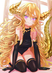 Rule 34 | 1girl, backlighting, black gloves, black leotard, black thighhighs, blonde hair, breasts, closed mouth, commentary, dragon girl, dragon horns, dragon tail, elbow gloves, gloves, highres, horns, indoors, kein hasegawa, kneeling, large breasts, leaning forward, leotard, long hair, looking at viewer, original, pointy ears, purple eyes, shadow, single horizontal stripe, sleeveless, slit pupils, smile, solo, tail, thighhighs, very long hair, wavy hair, window