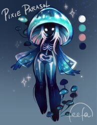 Rule 34 | 1girl, bioluminescence, blue headwear, character name, color guide, commentary, english commentary, exposed bone, feefal, full body, glowing, gradient background, gradient skin, highres, long hair, monster girl, mushroom, mushroom girl, mushroom hat, no mouth, original, personification, see-through, see-through sleeves, signature, white hair