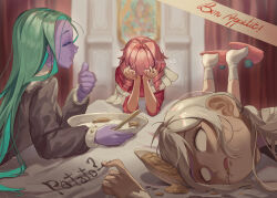 Rule 34 | 4girls, absurdres, blank eyes, bowl, closed eyes, colored skin, drill hair, eating, food, green hair, gtcockroach, hands on own face, head down, head on table, highres, long hair, long sleeves, motion blur, multiple girls, off shoulder, open mouth, original, pink hair, ponytail, purple skin, slippers, socks, sweat, table, thumbs up, very long hair, white hair