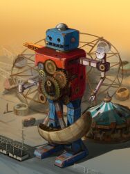 absurdres car carousel ferris_wheel gears highres mechanical_legs motor_vehicle no_humans original pendulum robot rust science_fiction tsuboi_hajime