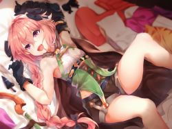 Rule 34 | 10s, 1boy, :d, astolfo (fate), asymmetrical gloves, bare legs, black bow, black gloves, blush, bow, bow (weapon), braid, cape, chest strap, cosplay, elbow gloves, elf, fate/apocrypha, fate (series), gloves, goblin slayer!, hair between eyes, hair bow, high elf archer (goblin slayer!), high elf archer (goblin slayer!) (cosplay), highres, indoors, long braid, long hair, looking at viewer, lying, male focus, mismatched gloves, nahaki, on back, on bed, open mouth, pillow, pink hair, pointy ears, purple eyes, shorts, single braid, single elbow glove, sleeveless, smile, solo, trap, weapon