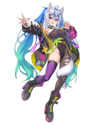 Rule 34 | 1girl, ahoge, animal ears, black footwear, black jacket, black leotard, black pantyhose, blue hair, boots, breasts, claw pose, collar, commentary request, fairy (agency), full body, gradient hair, green hair, hair ornament, high heel boots, high heels, highres, impossible clothes, jacket, kubota masaki, large breasts, leotard, long hair, multicolored hair, nerou vivi, off shoulder, official art, open clothes, open jacket, outstretched arm, pantyhose, pink jacket, print jacket, purple thighhighs, second-party source, simple background, single leg pantyhose, solo, tail, text print, thighhighs, torn clothes, torn pantyhose, twintails, very long hair, virtual youtuber, white background, wolf ears, wolf tail, x hair ornament