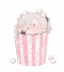 Rule 34 | 1girl, black scrunchie, blush, chibi, earrings, fang, food, food on face, grey hair, hair ornament, hair over one eye, hair scrunchie, highres, in container, ishikawa luna, jewelry, mini person, minigirl, nikki kyousuke, open mouth, original, pointy ears, popcorn, scrunchie, side ponytail, simple background, solo, star (symbol), stud earrings, watermark, white background, | |
