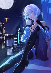 Rule 34 | 1girl, bare shoulders, between fingers, blue eyes, boots, cigarette, city lights, clothing cutout, cyberpunk (series), cyberpunk edgerunners, foot out of frame, hand on own knee, high heel boots, high heels, highres, holding, holding cigarette, jacket, knee up, lips, looking to the side, lucy (cyberpunk), moon, night, night sky, nr noir, pants, parted lips, rocket ship, short hair, short hair with long locks, sitting, sky, smoke, smoking, solo, spacecraft, star (sky), starry sky, thigh boots, thigh cutout, thighs, tight clothes, tight pants, wavy hair, white hair, window