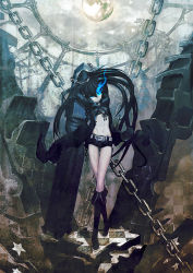 Rule 34 | 10s, 1girl, arm cannon, belt, black hair, black rock shooter, black rock shooter (character), blue eyes, boots, bra, chain, checkered floor, coat, glowing, glowing eyes, gun, huke, lingerie, long hair, midriff, moon, navel, open clothes, open coat, scar, shorts, sky, solo, star (symbol), stitches, twintails, underwear, very long hair, weapon