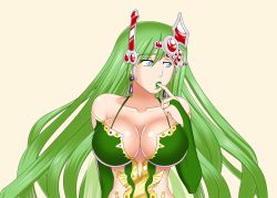Rule 34 | 1990s (style), 1girl, bluebullpen, breasts, cleavage, female focus, final fantasy, final fantasy iv, finger in own mouth, green eyes, green hair, large breasts, lipstick, long hair, makeup, retro artstyle, rydia (ff4), solo