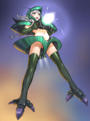 Rule 34 | &gt;:d, 1girl, :d, aiming, big zam, blush, claws, elbow gloves, electricity, floating, from below, full body, gloves, gradient background, green gloves, green thighhighs, grey eyes, gun, gundam, helmet, holding, holding gun, holding weapon, long hair, mecha musume, mobile suit gundam, navel, no panties, no pussy, open mouth, sano toshihide, silver hair, smile, solo, stomach, thighhighs, v-shaped eyebrows, wavy hair, weapon