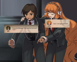 Rule 34 | 2girls, belt, black belt, black jacket, black pants, bow, brown hair, brown hairband, closed eyes, collared shirt, freckles, game screenshot inset, hair bow, hairband, ishmael (project moon), jacket, limbus company, long hair, long sleeves, meme, multiple girls, necktie, orange hair, outis (project moon), pants, project moon, red necktie, shirt, short hair, standing, sure grandma let&#039;s get you to bed (meme), very long hair, white bow, wing collar, yuikannon