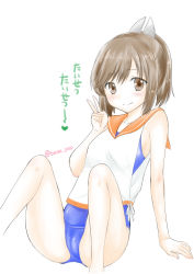 Rule 34 | 1girl, arm support, blue one-piece swimsuit, blush, breasts, brown eyes, brown hair, collarbone, heart, i-401 (kancolle), kantai collection, long hair, looking at viewer, one-piece swimsuit, ozaki mirai, ponytail, shirt, side-tie shirt, sitting, sleeveless, sleeveless shirt, small breasts, smile, spoken heart, swimsuit, v, white background, white shirt