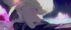 Rule 34 | 1boy, aiguillette, androgynous, ascot, blonde hair, from side, glowing, highres, lio fotia, long sleeves, looking away, male focus, open mouth, outstretched arm, portrait, promare, purple eyes, short hair, sidelocks, solo, touziniao, white ascot