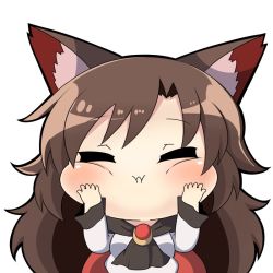 Rule 34 | 1girl, animal ears, ascot, blush, brown hair, cheek press, chibi, closed eyes, closed mouth, commentary request, dress, imaizumi kagerou, long hair, long sleeves, simple background, solo, touhou, twumi, white background, wolf ears