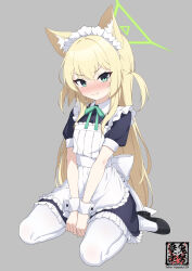 Rule 34 | 1girl, absurdres, alternate costume, animal ears, apron, between legs, black dress, black footwear, blonde hair, blue archive, blush, closed mouth, dress, enmaided, flat chest, fox ears, frilled apron, frills, full body, green eyes, green ribbon, grey background, halo, hand between legs, highres, kido airaku, kurumi (blue archive), long hair, looking at viewer, maid, maid headdress, neck ribbon, pantyhose, ribbon, seiza, short sleeves, simple background, sitting, solo, twitter username, two side up, white apron, white pantyhose, wrist cuffs