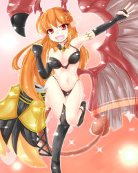 Rule 34 | 1girl, bare shoulders, bikini, breasts, cleavage, demon girl, elbow gloves, female focus, gloves, gradient background, highres, horns, long hair, lord of vermilion, navel, open mouth, orange hair, pointy ears, red eyes, single wing, smile, solo, succubus (lord of vermilion), swimsuit, wings