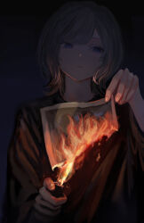 1girl absurdres black_shirt blue_eyes burning commentary dark expressionless fire grey_hair highres holding holding_lighter holding_photo jewelry kyano_(kyanora3141) lighter medium_hair necklace original photo_(object) shirt sideways_glance solo upper_body