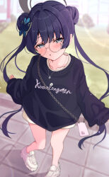 Rule 34 | 1girl, absurdres, alternate costume, bare legs, bespectacled, black footwear, blue archive, blurry, blurry background, blush, butterfly hair ornament, casual, collarbone, double bun, glasses, hair bun, hair ornament, halo, highres, kisaki (blue archive), long hair, looking at viewer, outdoors, round eyewear, shoes, shorts, sleeves past wrists, sneakers, solo, tarako (tarakopng), twintails, very long hair, white shorts