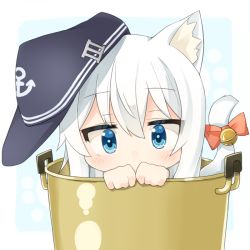 Rule 34 | 1girl, anchor symbol, animal ears, bell, black hat, blue eyes, blush, bow, cat ears, cat girl, cat tail, check commentary, commentary request, covered mouth, flat cap, hat, hibiki (kancolle), in container, in pot, jingle bell, kantai collection, kemonomimi mode, long hair, looking at viewer, mini person, minigirl, rateratte, red bow, silver hair, solo, tail, tail bell, tail bow, tail ornament
