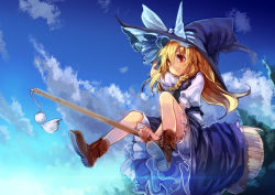 Rule 34 | 1girl, blonde hair, bloomers, boots, braid, broom, broom riding, dress, female focus, flying, hat, kirisame marisa, md5 mismatch, red eyes, sky, solo, touhou, tree, ukyo rst, underwear, witch, witch hat