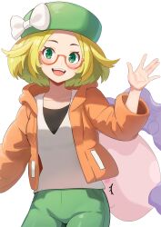 Rule 34 | 1girl, absurdres, baozi 9527, bianca (pokemon), blonde hair, closed eyes, collarbone, commentary request, creatures (company), game freak, gen 5 pokemon, glasses, green eyes, green headwear, green pants, highres, looking at viewer, musharna, nintendo, open mouth, pants, pokemon, pokemon (creature), pokemon bw2, red-framed eyewear, simple background, smile, white background