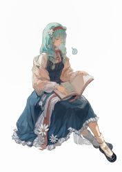 Rule 34 | !, 1girl, absurdres, animal ears, arknights, bear ears, black footwear, blue dress, blue eyes, blue hair, book, braid, breasts, chinese commentary, closed mouth, dress, expressionless, eyelashes, flower, frilled dress, frilled sleeves, frills, from side, full body, hair flower, hair ornament, hairband, happy birthday, highres, invisible chair, istina (arknights), istina (bibliosmia) (arknights), light blue hair, long hair, looking down, neck ribbon, ningjiu 9, note, off shoulder, official alternate costume, open book, paper, pinafore dress, reading, red hairband, red ribbon, ribbon, shawl, shirt, shoes, simple background, sitting, sleeveless dress, small breasts, socks, solo, spoken exclamation mark, twin braids, white background, white flower, white shirt, white socks