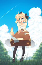 Rule 34 | 1girl, ahoge, animal ears, blonde hair, blue eyes, blurry, cloud, contrail, day, depth of field, dog ears, dog tail, foreshortening, grass, highres, lens flare, majima yuki, open mouth, original, pantyhose, short hair, sky, smile, solo, suitcase, tail, v arms