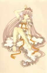 Rule 34 | 00s, 1girl, ankle cuffs, arm support, arm up, bare shoulders, barefoot, chii, chobits, clamp, crown, dress, elda, full body, hair tubes, knees together feet apart, knees up, lace, lace-trimmed dress, lace trim, long hair, looking at viewer, off shoulder, orange eyes, orange ribbon, ribbon, simple background, sitting, solo, very long hair