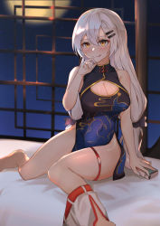 Rule 34 | 1girl, absurdres, bare legs, blush, breasts, china dress, chinese clothes, cleavage, closed mouth, clothes pull, dress, fingernails, girls&#039; frontline, hair ornament, hairclip, highres, jewelry, licking lips, long hair, looking at viewer, medium breasts, muteppona hito, nail polish, on bed, orange eyes, ring, shorts, shorts pull, silver hair, sitting, solo, svd (camellia&#039;s vigil) (girls&#039; frontline), svd (girls&#039; frontline), thighs, tongue, tongue out, very long hair, white nails, white shorts, window