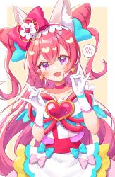 Rule 34 | 1girl, absurdres, animal ears, apron, bow, brooch, choker, cone hair bun, cowboy shot, cure precious, delicious party precure, double bun, dress, earrings, fox ears, fox shadow puppet, frilled hairband, frills, fusion, gloves, hair bow, hair bun, hairband, heart, heart brooch, highres, hiiragi syuu, jewelry, kome-kome (precure), long hair, looking at viewer, magical girl, nagomi yui, off-shoulder dress, off shoulder, open mouth, pink choker, pink hair, precure, purple eyes, red bow, smile, solo, spoken blush, standing, twitter username, two side up, very long hair, waist apron, white dress, white gloves