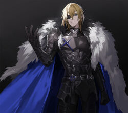 Rule 34 | 1boy, aqua eyes, armor, black background, blonde hair, blue cape, cape, clenched hand, closed mouth, dimitri alexandre blaiddyd, eyepatch, fire emblem, fire emblem: three houses, fur-trimmed cape, fur trim, hair between eyes, highres, looking at viewer, male focus, nintendo, shoulder armor, simple background, solo, usuke (u skeeep)