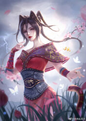 Rule 34 | 1girl, absurdres, bad source, bare shoulders, brown hair, bug, butterfly, chi lian (qin shi ming yue), cloud, cloudy sky, dress, falling petals, floating hair, forked tongue, grass, highres, insect, lightning, long hair, multi-tied hair, off-shoulder dress, off shoulder, outdoors, parted lips, petals, qingyuan, qinshi mingyue, red dress, sash, second-party source, sky, snake, solo, teeth, tongue