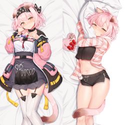 Rule 34 | 1girl, animal ears, arknights, black bow, black collar, black hairband, black jacket, black shirt, black skirt, blush, bow, breasts, cardigan, cat ears, cat girl, cat tail, collar, cropped shirt, dakimakura (medium), feet out of frame, floppy ears, garter straps, goldenglow (arknights), hair bow, hair ornament, hairband, hairclip, heart, highres, jacket, lightning bolt print, long sleeves, looking at viewer, lying, meemo, midriff, multicolored clothes, multicolored jacket, navel, on side, open cardigan, open clothes, open jacket, pillow, pink cardigan, pink hair, pink jacket, print bow, print hairband, shirt, short shorts, shorts, skirt, small breasts, solo, striped cardigan, tail, thighhighs, thighs, two-tone jacket, white shirt, white thighhighs, yellow eyes