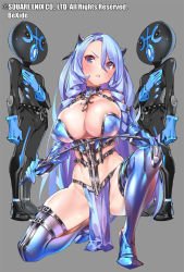 Rule 34 | 1girl, blue eyes, blue hair, blue thighhighs, blush, bondage outfit, boots, breasts, cleavage, curly hair, grey background, hair between eyes, high heel boots, high heels, holding, kai-ri-sei million arthur, large breasts, long hair, million arthur (series), on one knee, parted lips, pelvic curtain, popqn, revealing clothes, riding crop, ringlets, simple background, solo, thighhighs, thighs, very long hair