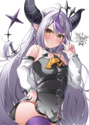 Rule 34 | 1girl, :&lt;, absurdres, ahoge, ascot, bad id, bad pixiv id, bare shoulders, black collar, black dress, blush, braid, closed mouth, collar, commentary request, cowboy shot, demon girl, demon horns, detached sleeves, dress, eyes visible through hair, grey hair, hair between eyes, hand up, highres, hololive, horns, la+ darknesss, long hair, long sleeves, looking at viewer, multicolored hair, nail polish, nekoya minamo, o-ring, pointy ears, purple hair, purple nails, purple thighhighs, short dress, side slit, sidelocks, solo, streaked hair, striped horns, thighhighs, thighs, very long hair, virtual youtuber, w, yellow ascot, yellow eyes