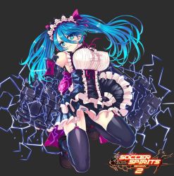Rule 34 | 1girl, angry, black background, black thighhighs, blue eyes, blue hair, breasts, covered erect nipples, electricity, female focus, garter straps, hair ribbon, jpeg artifacts, large breasts, long hair, looking at viewer, maid headdress, matching hair/eyes, mechanical arms, raklet (soccer spirits), reason (ficafe), ribbon, serin199, simple background, single mechanical arm, soccer spirits, solo, thighhighs, twintails