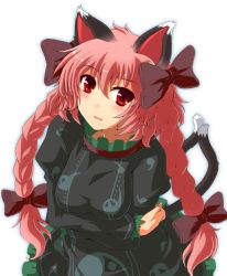 Rule 34 | 1girl, animal ears, bad id, bad pixiv id, braid, cat ears, cat girl, cat tail, female focus, gradient background, kaenbyou rin, nejime, red hair, ribbon, solo, standing, tail, touhou, twin braids, twintails, white background