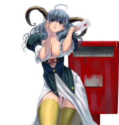 Rule 34 | 1girl, ahoge, blue eyes, blue hair, breasts, cowboy shot, female focus, horns, kouno (masao), large breasts, letter, long hair, looking at viewer, love letter, mailbox, matching hair/eyes, original, postbox, pursed lips, simple background, single horn, solo, thighs, white background